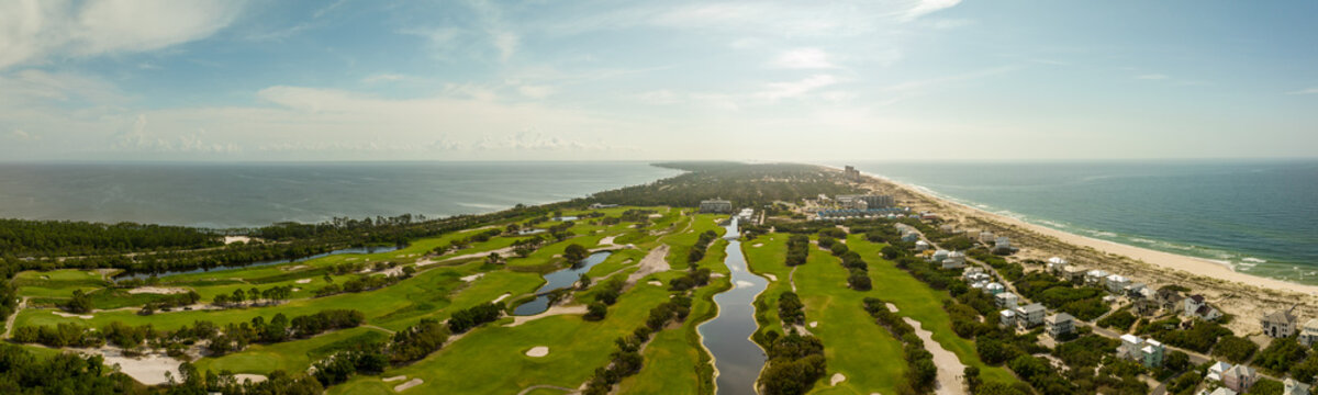 Aerial panorama Kiva Dunes Public Golf Course Gulf Shores Alabama