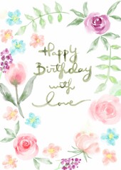  Happy Birthday Handpainted watercolor frame with blooming flowers