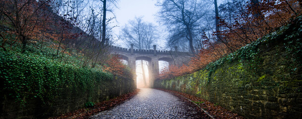 Medieval stone viaduct in the night autumn forest in fog and a road with paving stones. Medieval Germany of the era of the Roman Empire - obrazy, fototapety, plakaty