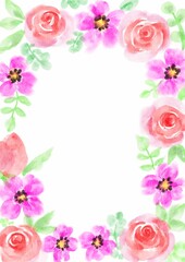 Handpainted watercolor frame with blooming flowers