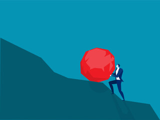 Bisinessman rolling huge boulder up the hill.  challenge vector concept © TA design