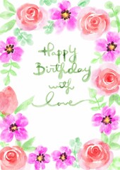 Happy Birthday Handpainted watercolor frame with blooming flowers