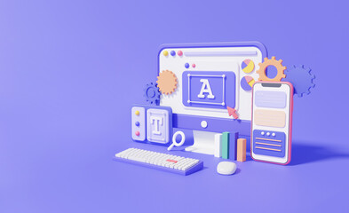 3d render Isometric UI-UX design. Developer mobile system application software development concept. coding smartphone connections. Modern user interface, banner, illustration