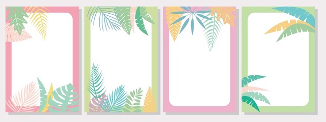 Set of Summer tropical decoration frame. Colorful summer leaves graphic template collection. Vector illustration.