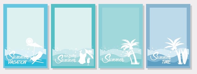 Set of Summer Beach and Vacation concept frame. Blue sea and waves background decoration with summer icons and text. Summer concept template collection. Vector illustration.