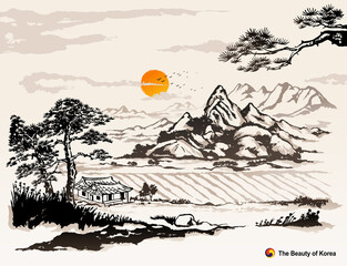 Beautiful Korea, mountains, pine trees, hanok, rural nature landscape, ink painting, Korean traditional painting vector illustration. - obrazy, fototapety, plakaty