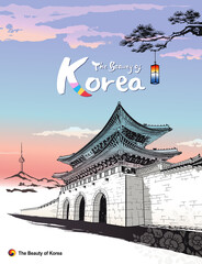 Beautiful Seoul, Korea. Traditional palace, Gwanghwamun, ink painting, Korean traditional painting vector illustration. Gwanghwamun Chinese translation. - obrazy, fototapety, plakaty