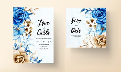 wedding invitation card with beautiful watercolor flower and leaves