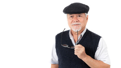 Portrait Asian senior man , old man , feel happy good health isolated on white background - lifestyle senior male concept