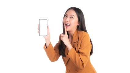 Fototapeta premium beautiful Asian young woman ,Excited surprised girl showing smart phone with blank screen , white screen isolated on white background , Mock Up Image