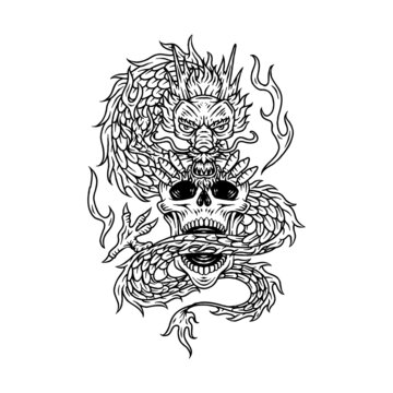 Skull and dragon illustration.