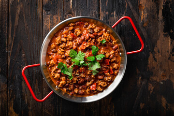 Chili con carne, traditional mexican food, top view