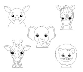 Cute portraits cheetah, giraffe, elephant and zebra in outline style. Drawing african baby wild cat face isolated on white background. Drawing for kids card and coloring page. Jungle animal