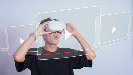 Man using VR glasses virtual reality Global Internet connection metaverse digital technology....