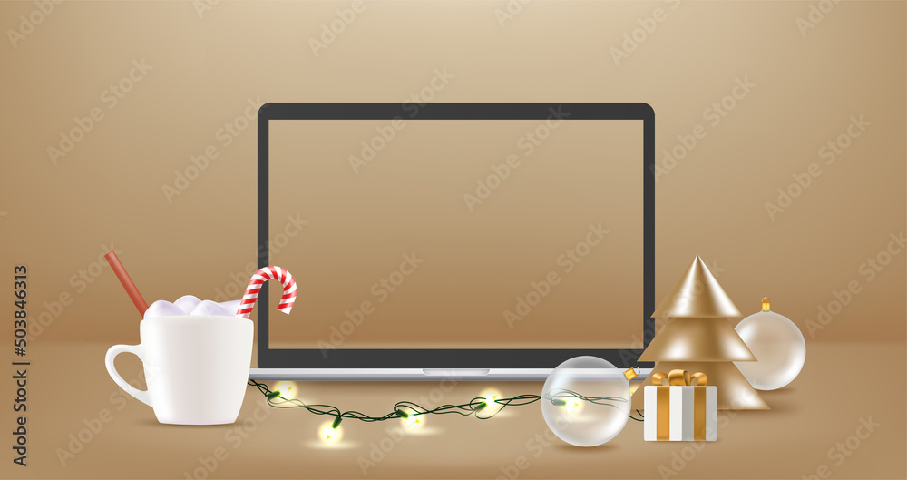 Poster Modern laptop with empty screen on a table with crhistmas decorations. 3d vector banner with copy space