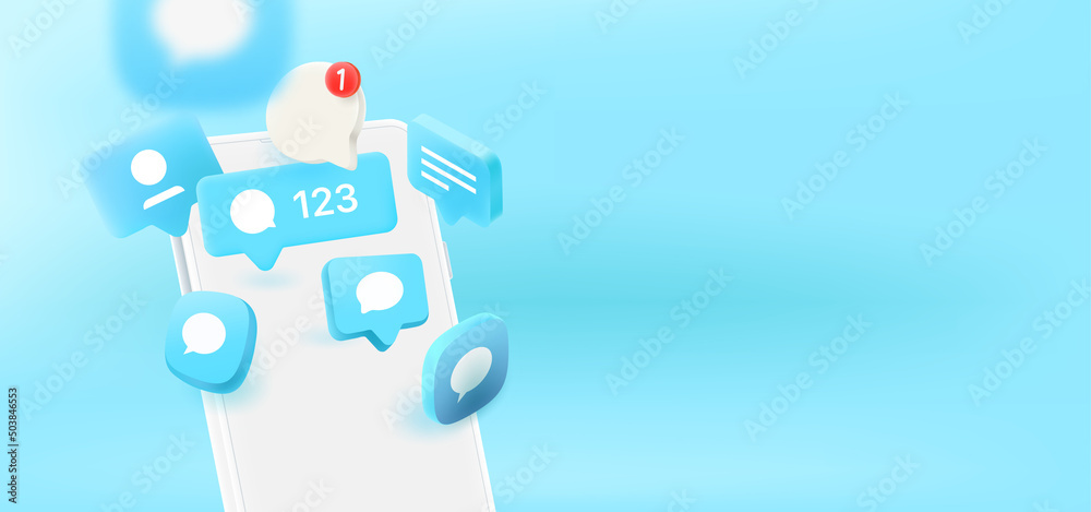 Poster social media notification bubbles flying to the screen of modern smartphone. 3d vector banner with c