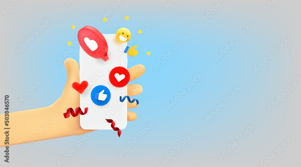 Aufkleber Man using social mobile application. 3d vector banner with copy space