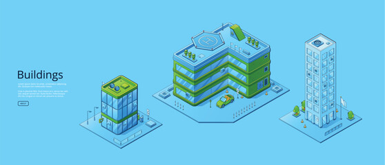 Poster of modern city buildings. Vector horizontal banner of urban architecture with isometric house, business tower and office with parking and helipad on roof