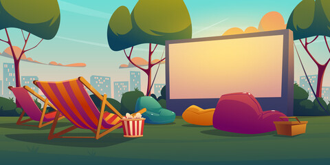 Open air cinema empty place for watching movie. Outdoor movie theater on lawn with big white screen, bean bag chairs and chaises. Vector cartoon landscape of backyard or city public park - obrazy, fototapety, plakaty