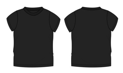 Short sleeve Basic T-shirt technical fashion flat sketch vector Illustration black Color template front and back views. Basic apparel Design Mock up for Kids and boys.