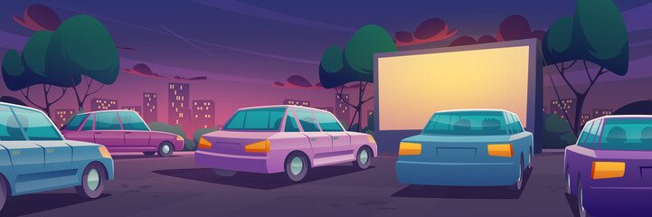 Drive-in movie theater with cars on parking. Outdoor cinema for auto. Vector cartoon illustration of summer city landscape with open air cinema with blank screen and automobiles - obrazy, fototapety, plakaty