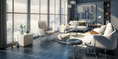Einrichtung eines stylischen Panorama-Loft-Apartments  - panoramische 3D Visualisierung