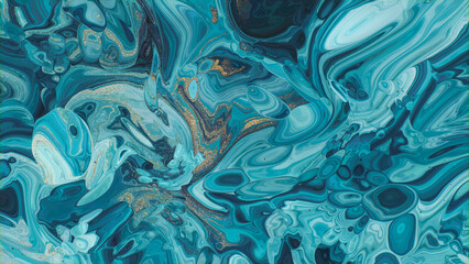 Beautiful Teal and Blue Paint Swirls with Gold Glitter. Modern Design Background.