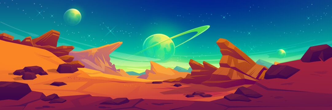 Mars surface, alien planet landscape. Space game background with orange ground, mountains, stars, Saturn and Earth in sky. Vector cartoon fantastic illustration of cosmos and red martian surface