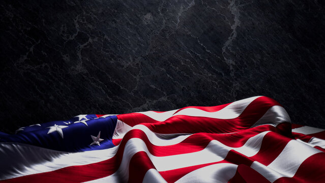 Premium Banner for Independence Day with American Flag, Black Rock Background and Copy-Space.