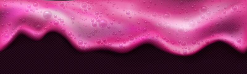 Pink soap foam, detergent, cleaning gel or shampoo suds isolated on transparent background. Vector realistic illustration of soft splash of soapy froth with air bubbles in laundry, bath or shower