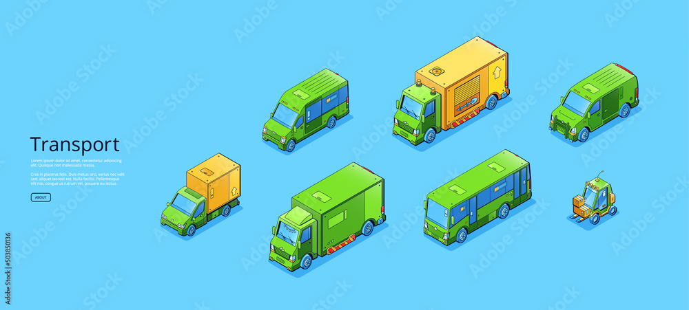 Wall mural transport poster with isometric trucks and buses. vector horizontal banner with illustration of pass