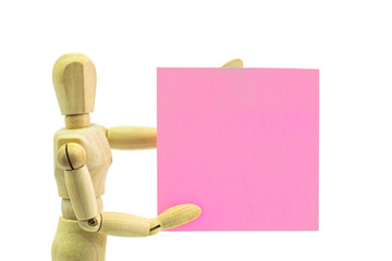 Wooden human dummy manikin with moveable limbs pose holding paper on a white background - 503850173