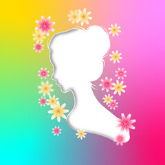 Side profile silhouette of a woman with different colored backgrounds and floral drawings