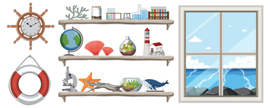 Miscellaneous objects on wall shelves
