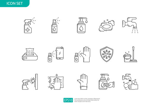 clean and disinfect icon set. icons such as sanitizer, hygiene, disinfection, cleaning, washing
