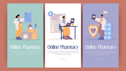 Online pharmacy posters. Virtual healthcare service for sale and delivery medical drugs and tablets. Vector banner with flat illustration of pharmacist, doctor with prescription and patient