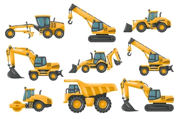 Poster Set of cartoon heavy machinery for construction and mining, motor grader, backhoe, telescopic crane wheels, mining truck, telescopic crane, wheel excavator, excavator, front loader and soil compactor © Ipajoel