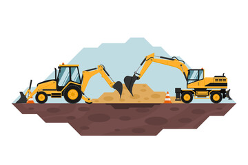 Obraz na płótnie Canvas Backhoe and wheeled excavator working on earth moving, heavy machinery used in the construction and mining industry. safety cones