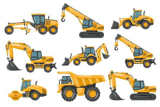 Set of cartoon heavy machinery for construction and mining, motor grader, backhoe, telescopic crane wheels, mining truck, telescopic crane, wheel excavator, excavator, front loader and soil compactor