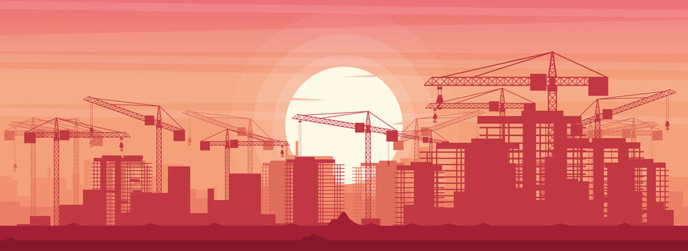 Panoramic background landscape of a city under construction with cranes in a sunset