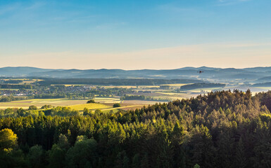 aerial view of the landscape with flying drone in the Bavarian Forest - great panorama