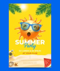 Awesome summer party vertical poster template with sun cute character illustration