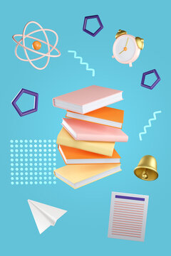 3d education concept poster for university and school. Stack of the books, alarm clock, bell, paper plane, atom and note flying on blue background. Realistic 3d high quality render