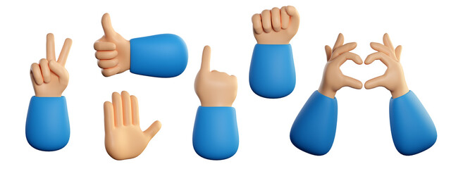 Human hands set in 3d cartoon style. Different fingers gesture for business and product concept. 3d high quality render isolated on white background.