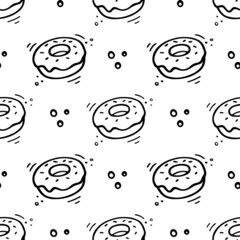 Donut seamless pattern. Hand drawn Sketch of doughnut. Fast food illustration in doodle style. Donut illustration.