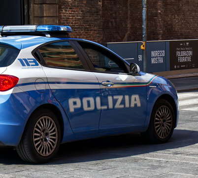 Bologna – Italy - April 16, 2022: Italian Police car. Polizia Italiana, keeping safety in Bologna.