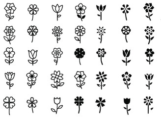 Set of black and white flowers icon set isolated on white background