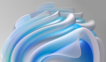 3d render with part of abstract art of surreal alien ball or sphere in curve wavy spiral round organic smooth and soft lines forms in matte white plastic material with blue transparent glass parts 