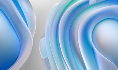 3d render with parts of abstract art of surreal alien ball or sphere in curve wavy spiral round organic smooth and soft lines forms in matte white plastic material with blue transparent glass parts 