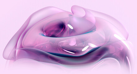 3d render with part of abstract art of surreal flower in curve wavy organic biological lines forms in transparent plastic material with multi layer effect in purple violet and blue color gradient  